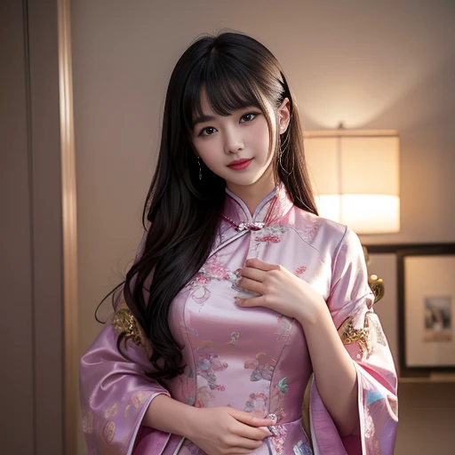best quality, Delicate face,beautiful visual work, lifelike, eternity, black hair, Long curly hair, blunt bangs, Smile, Detailed Background, Delicate face,pink blush,cold,((masterpiece))、(top quality)、8k、high detail、Super detailed,21 years old female,Wearing Chinese cheongsam、Seductive and whimsical style、masterpiece、born、Scenes resembling fairy tale illustrations、Intricate details and complex designs、Beautifully、magic、capricious、 Beautifully、Dream aesthetics、「𝓡𝓸𝓶𝓪𝓷𝓽𝓲𝓬、ethereal、charming、fickle、magic」、Realism、Visual effects、FXAA、SSAO、Shaders、voiceless、ambient lighting、Tone mapping、High resolution、Ultra high quality、Million pixels、(8K resolution:1.10)、8k、Below 8K、8K resolution、high detail、intricate details, (high quality:1.2、masterpiece:1.2、:1.21)、(21 years old female:1.21)、(Smile excitedly)、(Surrounded by the dreamy atmosphere、Model diagram,full-body shot,Normal 2 feet,Don't show your fingers