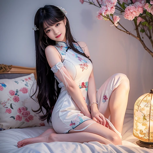 best quality, Delicate face,beautiful visual work, lifelike, eternity, black hair, Long curly hair, blunt bangs, Smile, Detailed Background, Delicate face,pink blush,cold,((masterpiece))、(top quality)、8k、high detail、Super detailed,21 years old female,Wearing Chinese cheongsam、Seductive and whimsical style、masterpiece、born、Scenes resembling fairy tale illustrations、Intricate details and complex designs、Beautifully、magic、capricious、 Beautifully、Dream aesthetics、「𝓡𝓸𝓶𝓪𝓷𝓽𝓲𝓬、ethereal、charming、fickle、magic」、Realism、Visual effects、FXAA、SSAO、Shaders、voiceless、ambient lighting、Tone mapping、High resolution、Ultra high quality、Million pixels、(8K resolution:1.10)、8k、Below 8K、8K resolution、high detail、intricate details, (high quality:1.2、masterpiece:1.2、:1.21)、(21 years old female:1.21)、(Smile excitedly)、(Surrounded by the dreamy atmosphere、Model diagram,full-body shot,Normal 2 feet,Don't show your fingers