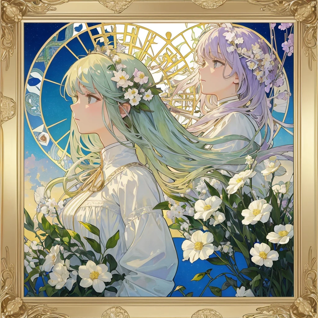 1 girl, (masterpiece, highest quality, highest quality, beautiful and aesthetic: 1.2), (1 girl: 1.3), flower, delicate clothing, square picture frame, ((face)), cool face, beautiful white flower flowing background,(Alphonse Mucha's),Gradient color hairstyle, Ultra-detailed, Soft Light, Gentle colors, 独奏, white long hair, Dutch Angle, frame, profile, short neck,Crown, Church Clothes