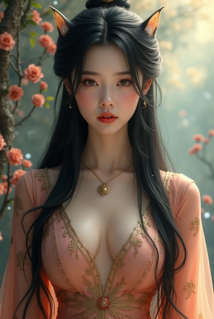 Ultra-high resolution, Clear face, (Reality: 1.4), perfect lighting,(photorealistic), anime wallpaper, Guviz style artwork, fantasy to magic cover, beautiful artwork illustration, beautiful digital artwork, beautiful digital illustration , beautiful portraits, illustrations, delicate and beautiful, highly detailed, fine details, official art, highly detailed unity 8k CG wallpapers, highly detailed, high resolution, highly detailed, highly detailed eyes and faces, beautifully detailed eyes, cinematic lighting, 25 year old woman,1girl, solo, long hair, black hair, hair ornament, Chinese dress, black dress, cheongsam ,absudres, standing, (full body:1.3), photo realistic:1.5, (looking at viwer:1.3), (Realistic woman), (Nine-tailed fox tail:1.5),