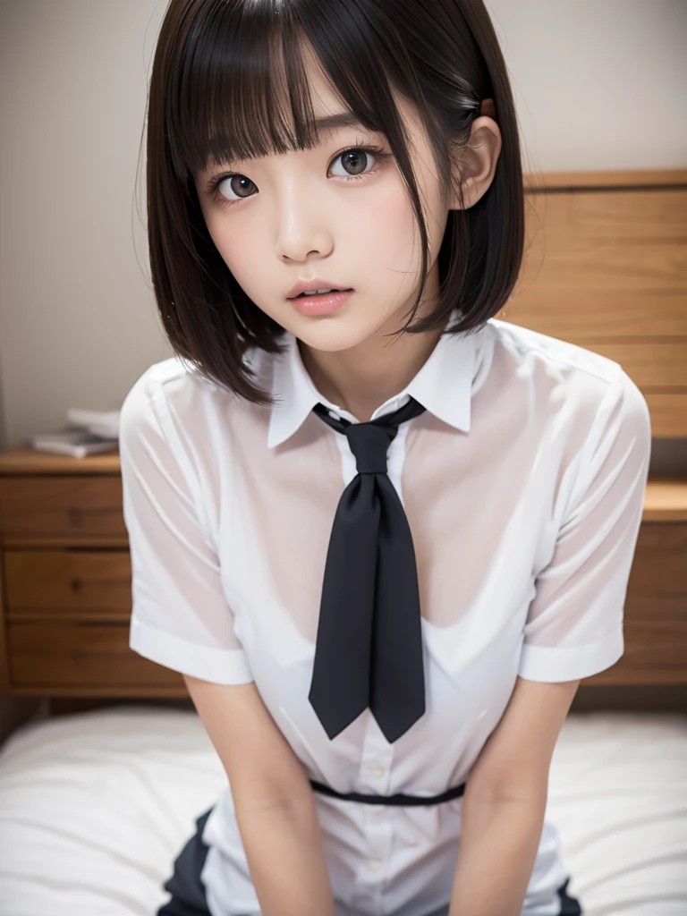 figure approaching on all fours neat girl is beautiful japanese female and beautiful russian female mixed race only in the face age is 17 features of the whole body black hair medium straight bob cut hair style beautiful small face with short eyelashes boyish eyes only high nose dark blue pupils very thin upper lip milky white skin accurate attractive body shape beautiful bust waist hip s thighs knees legs choker and tie on neck wearing a large size shirt with collar