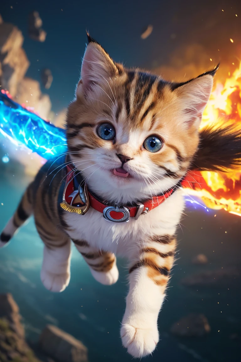 (Highest quality、masterpiece、8k))、Anatomically correct、Very detailed、High resolution、Cinematic lighting、Realistic、((Beautiful, bright, large eyes))、Intricate details、((Dynamic composition))、Cute realistic kitten、Big head、Surprised face、Oh my God、((bungee jumping))、you tube、fly in the sky、Fire erupts from my feet、Superman kitten