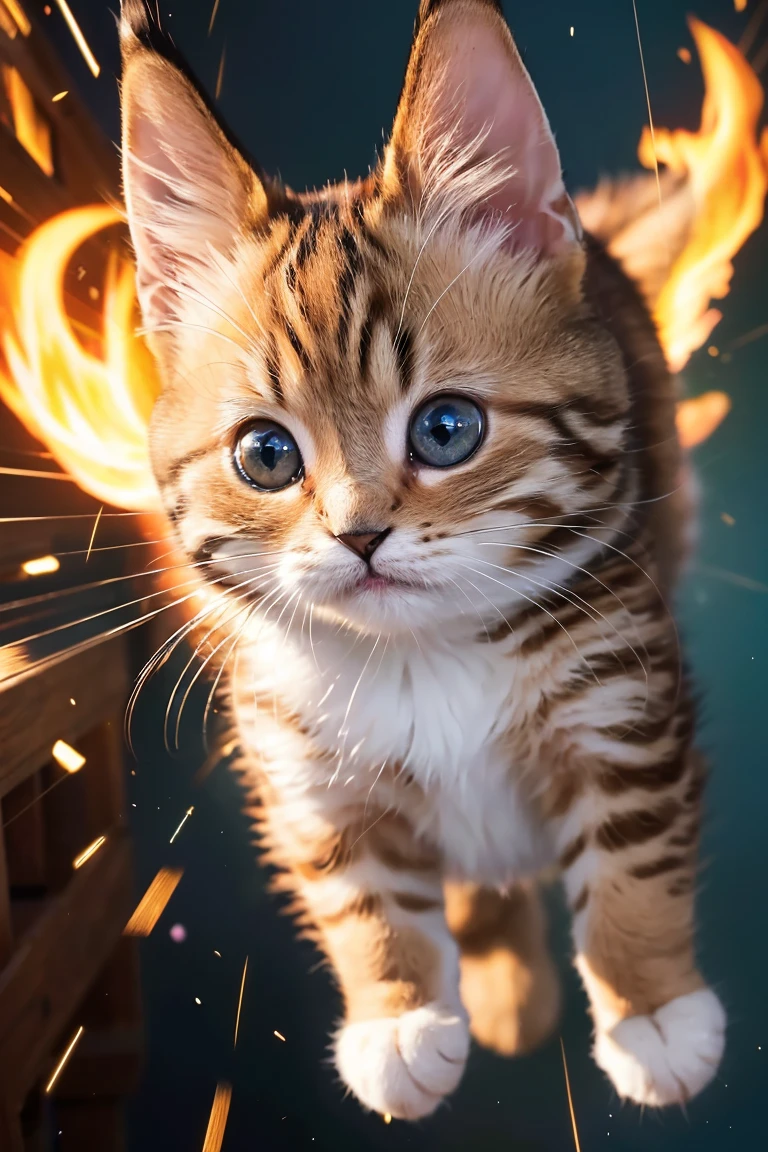 (Highest quality、masterpiece、8k))、Anatomically correct、Very detailed、High resolution、Cinematic lighting、Realistic、((Beautiful, bright, large eyes))、Intricate details、((Dynamic composition))、Cute realistic kitten、Big head、Surprised face、Oh my God、((bungee jumping))、you tube、fly in the sky、Fire erupts from my feet、Superman kitten