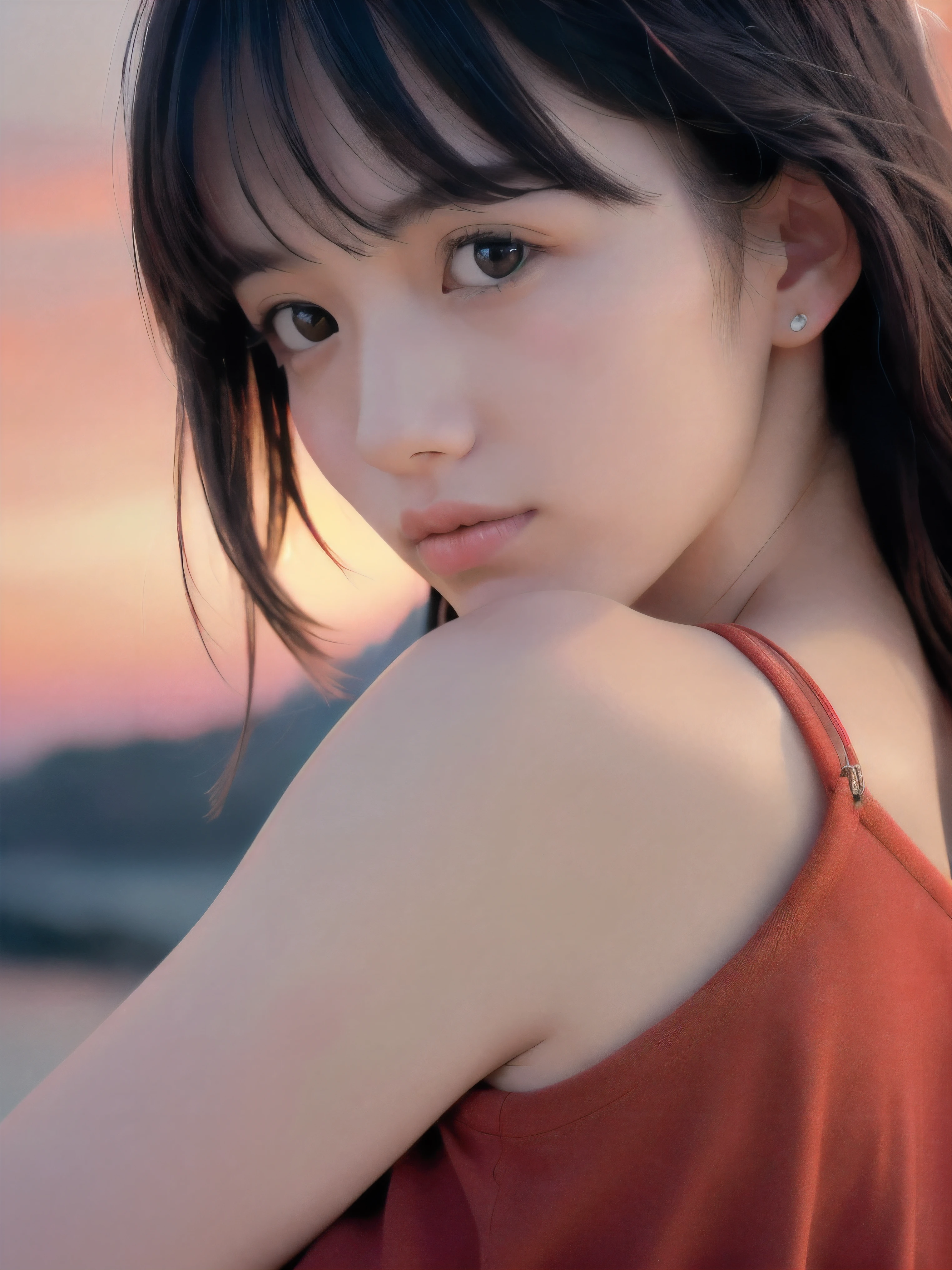 (Close up face shot of slender small-breasted two side up black medium hair with bangs girl wearing a white T-shirt only:1.5)、(One girl is looking back crying face with tears on the coast in Japan:1.5)、(Beautiful after sunset red sky with red big cloud:1.5)、(blurred background:1.5)、(Natural light:1.5)、(8k ultra detailed master piece:1.5)、(perfect anatomy:1.5)、(Photorealistic stick:1.5)、(Raw photo:1.3)、(highest quality:1.5)、(High resolution:1.3)、(Delicate and beautiful perfect face:1.3)、(Delicate and beautiful eye air skin:1.3)、(Real Human Skin:1.3)、((thin legs))