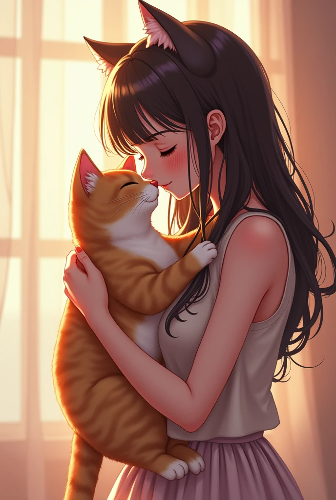 A woman hugs and kisses a cat, Very beautiful and cute cat girl, Lovely and detailed digital art, Lovely detailed artwork, Beautiful art UHD 4K, Cute digital art, Detailed 4k, 8k high quality detailed art, Beautiful anime catwoman, Charming cat girl, Beautiful digital illustrations, Illustration 8K, [ 4k digital art ]!!