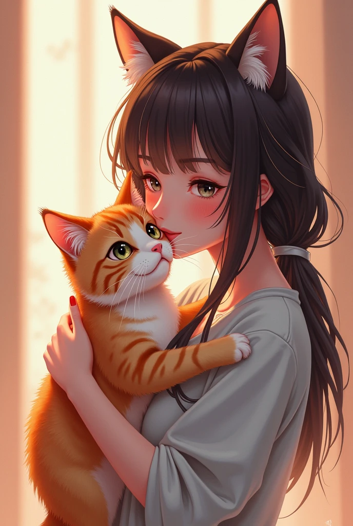 A woman hugs and kisses a cat, Very beautiful and cute cat girl, Lovely and detailed digital art, Lovely detailed artwork, Beautiful art UHD 4K, Cute digital art, Detailed 4k, 8k high quality detailed art, Beautiful anime catwoman, Charming cat girl, Beautiful digital illustrations, Illustration 8K, [ 4k digital art ]!!