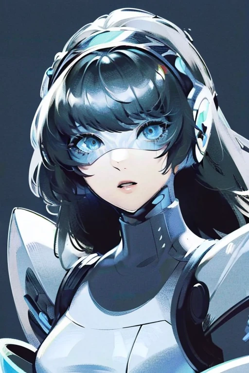 empty eyes,robotized woman ,big bust,Robot Joint ,Metal skin,Black Suit,long hair,a suit that covers the whole body,aegis(persona3)