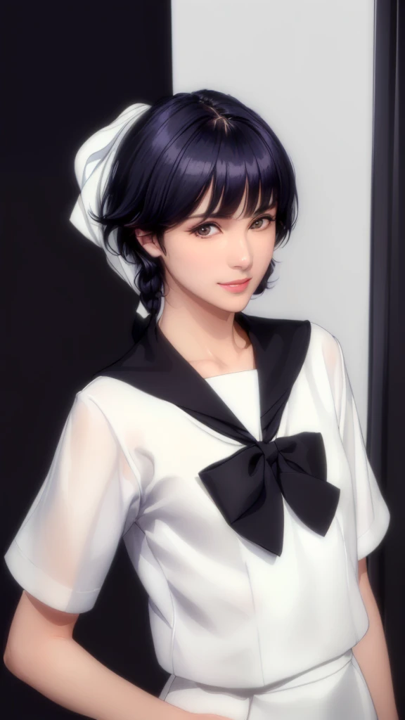 (((Perfect body,White and tender skin,(((JK_style,short-sleeved JK_shirt,short-sleeved JK_sailor,JK_suit,JK_tie ))),(((sui-feng, short hair, short hair with long locks,Black hair))),((masterpiece)),high resolution, ((Best quality at best)),masterpiece,quality,Best quality,((( Exquisite facial features,Looking at the audience,There is light in the eyes,Smile))),))),(((Light and shadow,Small chest,))),(((Looking at the camera,black background,)))),