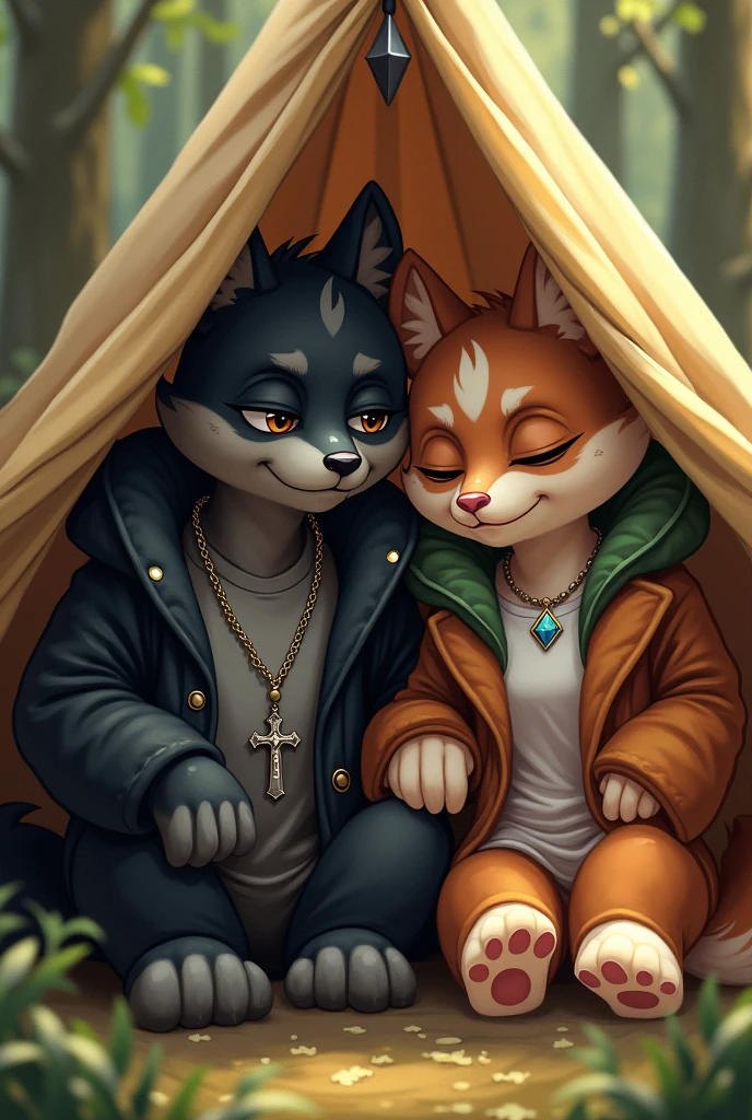 ---
**Description for the image generator:**
"Furry representation of two characters in a forest inside a tent, in 'Helluva Boss' style. They are both sitting next to each other, with playful and smiling expressions. The male character is on the right, with one hand in his coat and his face partially covered. The bride is on the left. The male character has black fur, black eyes, and carries a rosary with a silver cross. The bride has luminous brown fur with a touch of green, and wears a necklace with a prism. They both wear aesthetic style clothes; The male character's t-shirt looks stylish. The characters are sweating because they have finished doing an activity."
---