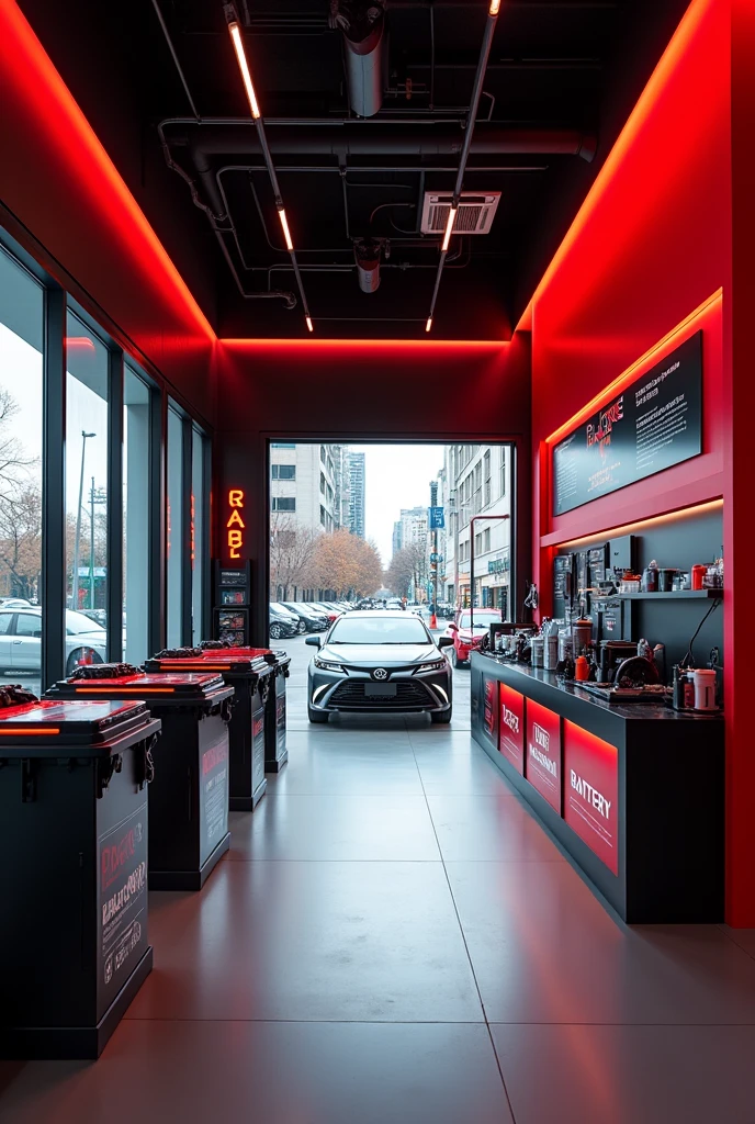 I want to open a business selling car batteries, that it is a modern place, that red and black colors predominate.
I want a view outside the business.