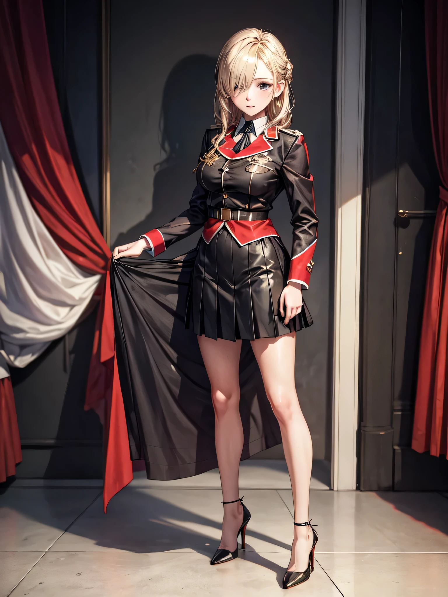 (masterpiece),Highest quality,masterpiece,Detailed Images,National flag,alone,20-year-old,Beautiful Face,(Upper Body),Hair on one eye,Medium Sidecut, Blonde, Sharp focus,Black and red uniform,Tight Skirt,(High heels:1.5),