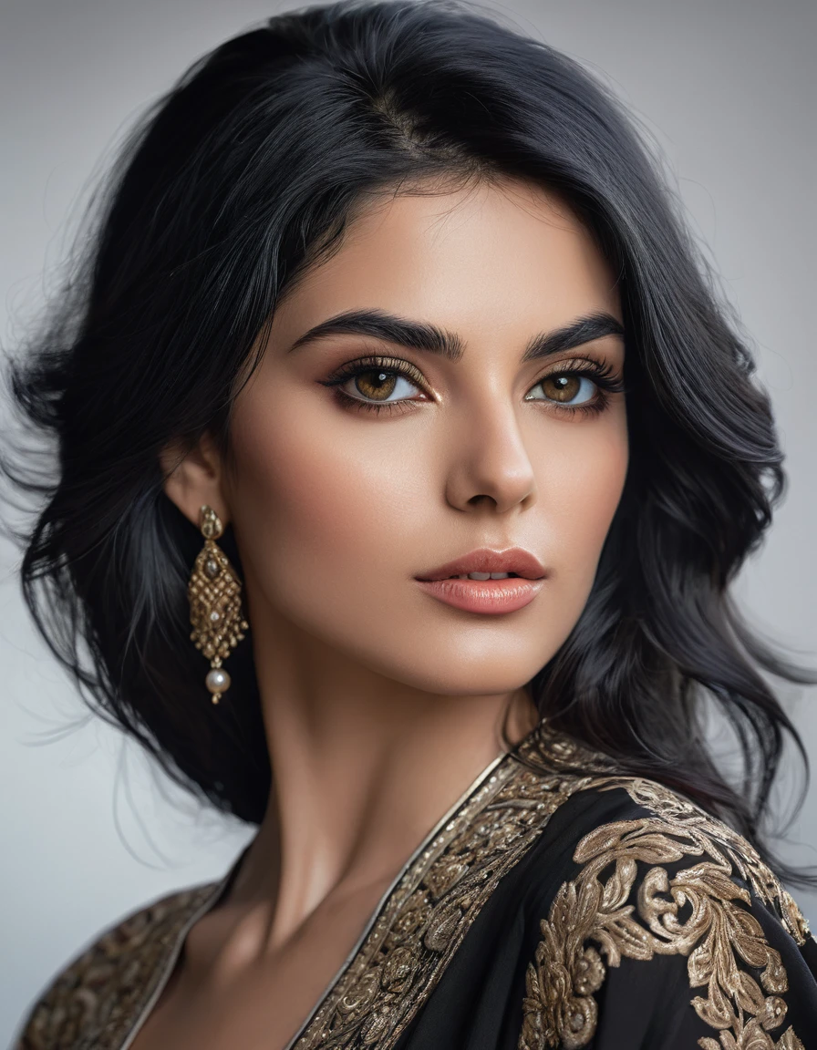 portrait of a gorgeous black-haired persian woman model in the style of stefan kostic, realistic, half body shot, sharp focus, 8k high definition, insanely detailed, intricate, elegant, art by stanley lau and artgerm