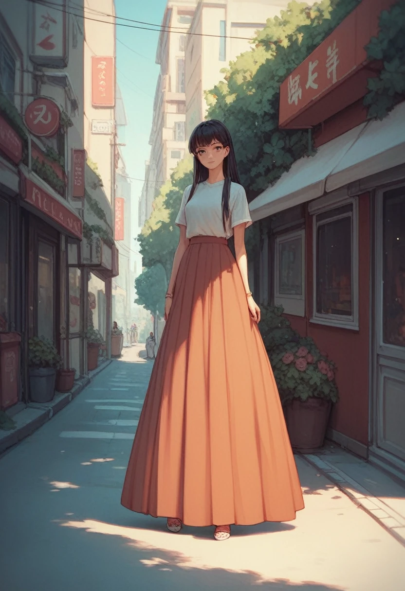 Girl, wearing long skirt , skirt is very long ,long dress ,street,standing ,anime,full body