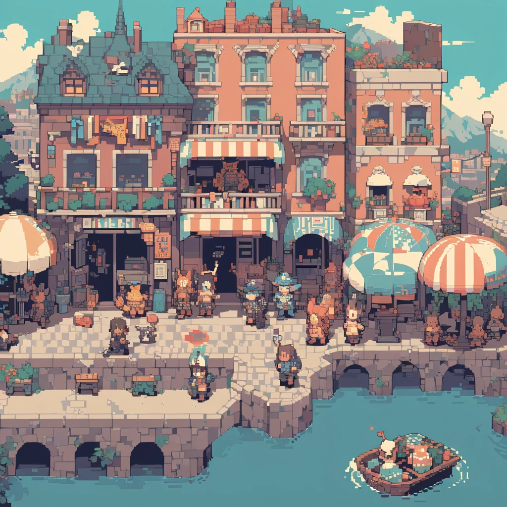 The prompt for generating a pixel art could be: "pixel art,(best quality, high resolution, detailed),(retro, nostalgic) colors,8-bit style,crisp lines and edges,small canvas,blocky pixels,limited color palette,low-fi graphics,dark colors,iconic pixel characters, town stage, undead"