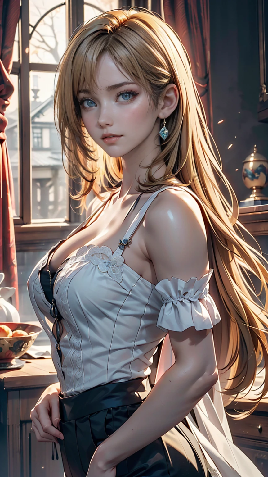 (Very detailed CG ユニティ 8k 壁紙,masterpiece, Highest quality, Very detailed),(Best lighting, Best Shadow, Very delicate and beautiful),floating,High saturation,Blonde+blue eyes:1.2,Gloomy Gothic Landscape, Long Hair, Gazing into the distance. (長いブロンドの髪と輝くblue eyesのゴシック照明を持つ美しい女の子)