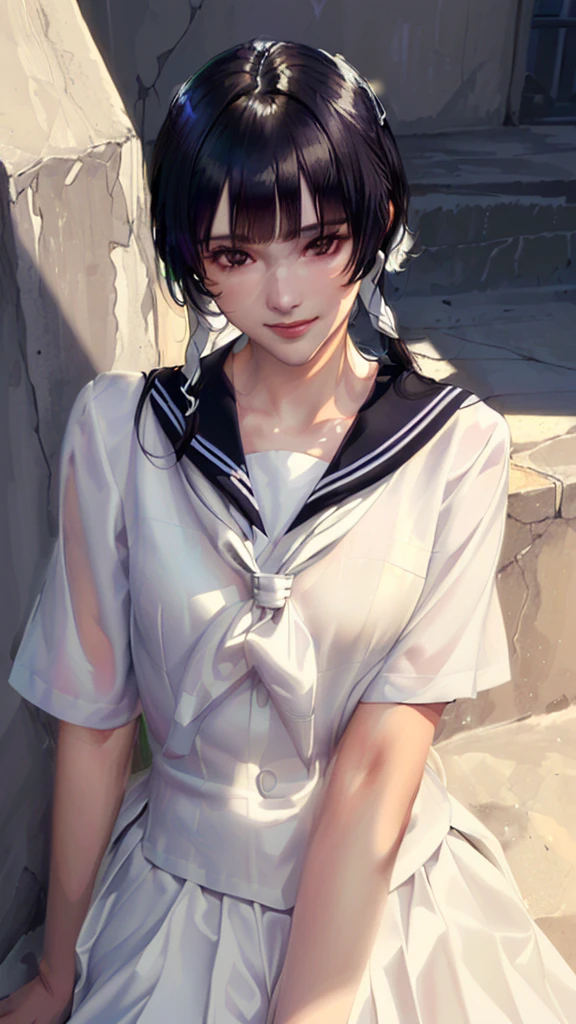 (（（Perfect body,White and tender skin,（（（JK_style，short-sleeved JK_shirt，short-sleeved JK_sailor，JK_suit，JK_tie ）））,（（（sui-feng, short hair, short hair with long locks，Black hair））），((masterpiece)),high resolution, ((Best quality at best)),masterpiece,quality,Best quality,（（（ Exquisite facial features,Looking at the audience,There is light in the eyes,Smile））），）））,（（（Light and shadow,Small chest，）））,（（（Looking at the camera,black background,)））),