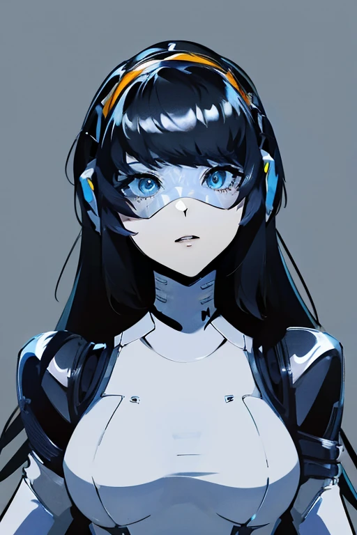 empty eyes,robotized woman ,big bust,Robot Joint ,Metal skin,Black Suit,long hair,a suit that covers the whole body,aegis(persona3)