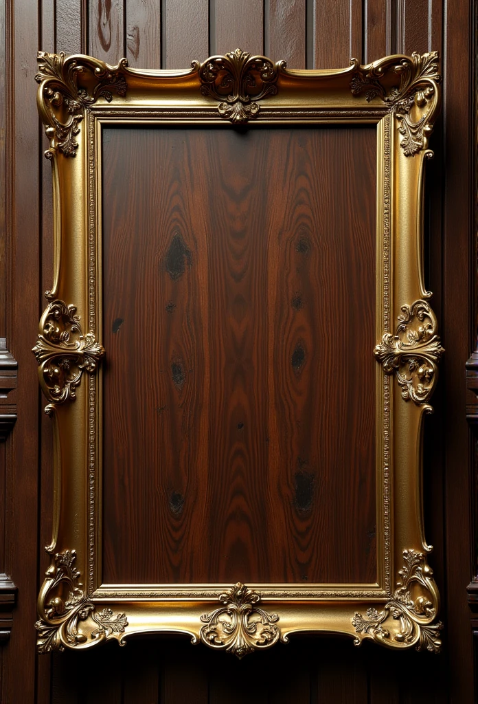 (Highest quality,4K,8k,High resolution,masterpiece:1.2),Very detailed,Realistic,Wooden board,Gold frame,Dark detailed wood,video game texture