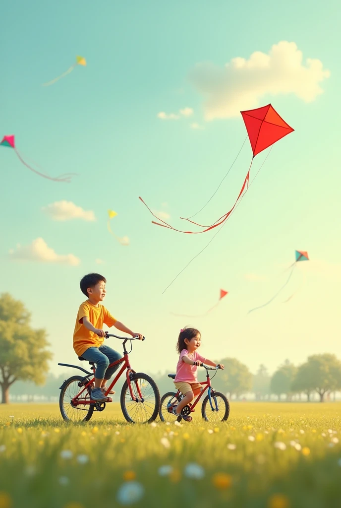 Chinese brother and sister riding bicycles together in the park,The younger sister rides a children's bicycle. The older brother and younger sister fly a kite in an open field.,There are other people flying kites around