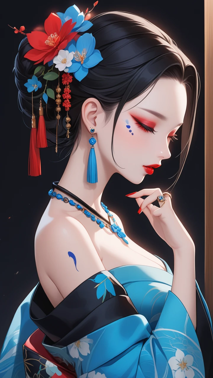 XUER poster art,1girl,solo,breasts,black hair,hair ornament,long sleeves,bare shoulders,jewelry,closed mouth,open eyes,upper body,sidelocks,earrings,japanese clothes,hand up,hair flower,wide sleeves,kimono,necklace,off shoulder,nail polish,fingernails,toilet,profile,facial mark,ring,lipstick,black background,tassel,pale skin,eyeshadow,blue nails,long fingernails,beans,blue flower,shawl,forehead mark,nose,sharp fingernails,red lips,eyeliner,arm tattoo,shoulder tattoo,hair pulled back,mascara,udo,