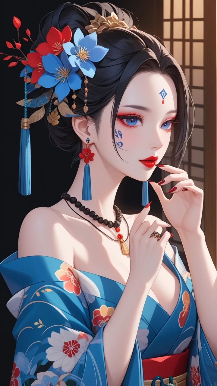XUER poster art,1girl,solo,breasts,black hair,hair ornament,long sleeves,bare shoulders,jewelry,closed mouth,open eyes,upper body,sidelocks,earrings,japanese clothes,hand up,hair flower,wide sleeves,kimono,necklace,off shoulder,nail polish,fingernails,toilet,profile,facial mark,ring,lipstick,black background,tassel,pale skin,eyeshadow,blue nails,long fingernails,beans,blue flower,shawl,forehead mark,nose,sharp fingernails,red lips,eyeliner,arm tattoo,shoulder tattoo,hair pulled back,mascara,udo,
