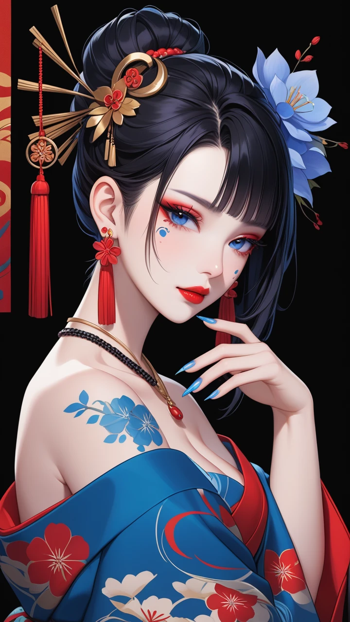 XUER poster art,1girl,solo,breasts,black hair,hair ornament,long sleeves,bare shoulders,jewelry,closed mouth,open eyes,upper body,sidelocks,earrings,japanese clothes,hand up,hair flower,wide sleeves,kimono,necklace,off shoulder,nail polish,fingernails,toilet,profile,facial mark,ring,lipstick,black background,tassel,pale skin,eyeshadow,blue nails,long fingernails,beans,blue flower,shawl,forehead mark,nose,sharp fingernails,red lips,eyeliner,arm tattoo,shoulder tattoo,hair pulled back,mascara,udo,