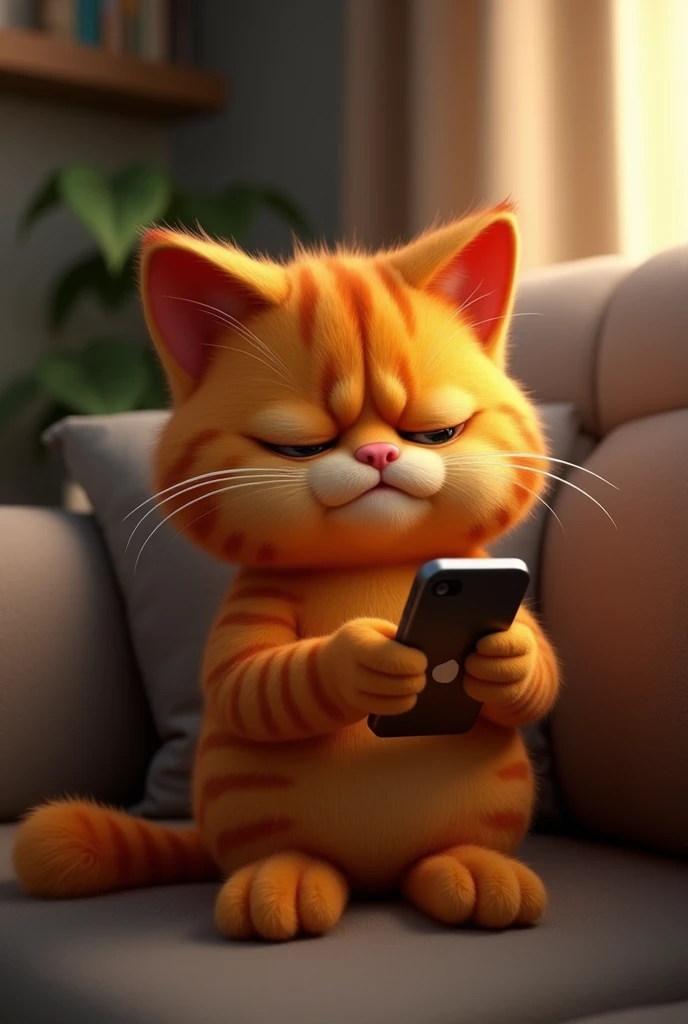 there is a cat that is sitting on a couch with a cell phone, sad cat, new cats movie, animated movie, wallpapers, animated film, movie character, garfield the cat, animated movie scene, 3 d animated movie, amazing cgi, animated, mobile wallpaper, very very realistic, very sad, is totally sad and cries, ( ultra realistic, ! movie scene