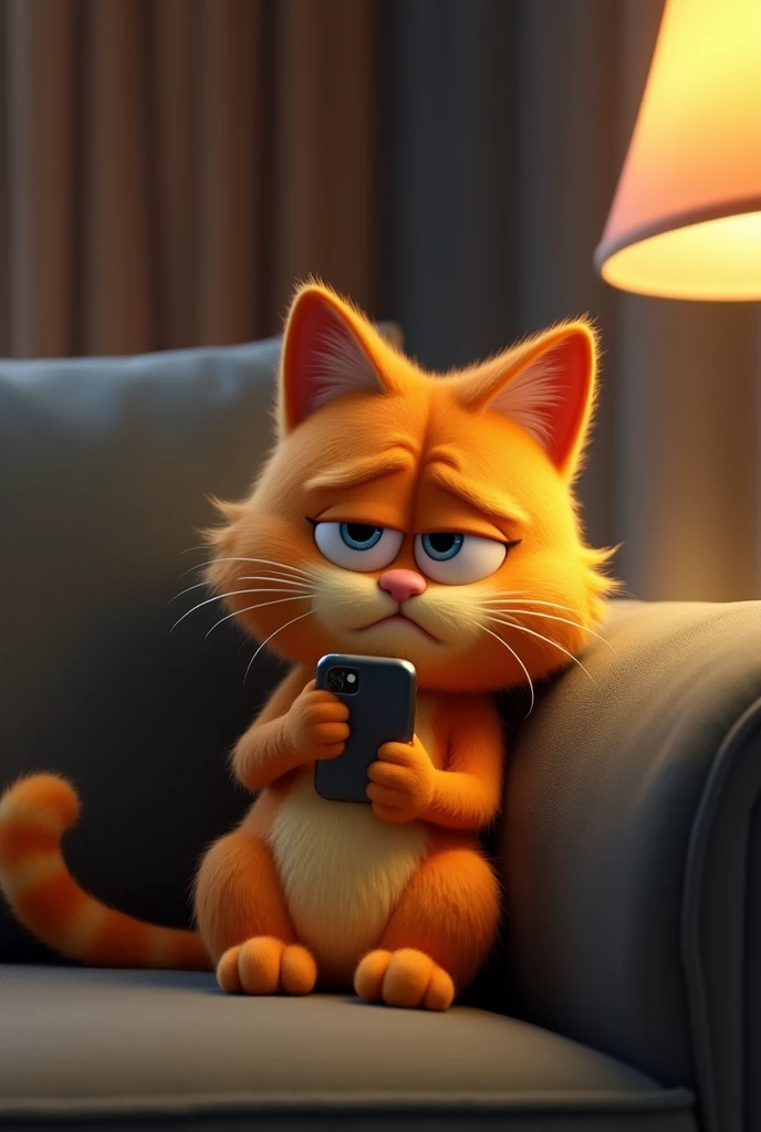 there is a cat that is sitting on a couch with a cell phone, sad cat, new cats movie, animated movie, wallpapers, animated film, movie character, garfield the cat, animated movie scene, 3 d animated movie, amazing cgi, animated, mobile wallpaper, very very realistic, very sad, is totally sad and cries, ( ultra realistic, ! movie scene