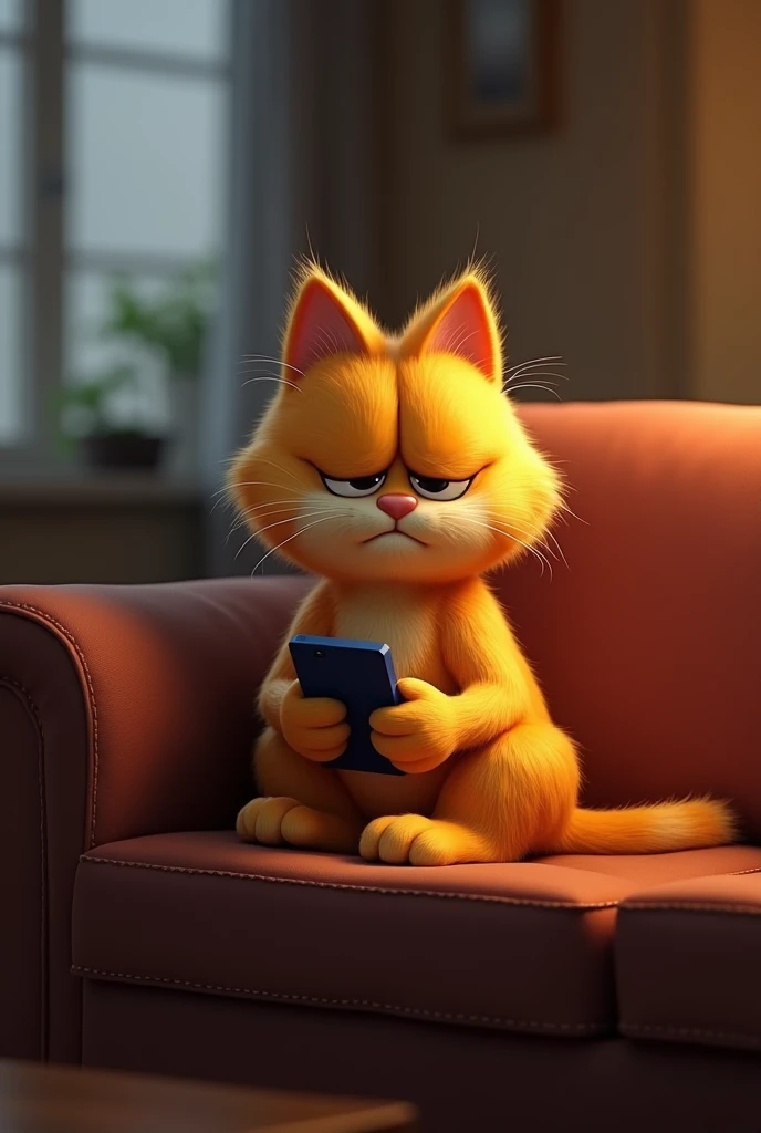there is a cat that is sitting on a couch with a cell phone, sad cat, new cats movie, animated movie, wallpapers, animated film, movie character, garfield the cat, animated movie scene, 3 d animated movie, amazing cgi, animated, mobile wallpaper, very very realistic, very sad, is totally sad and cries, ( ultra realistic, ! movie scene