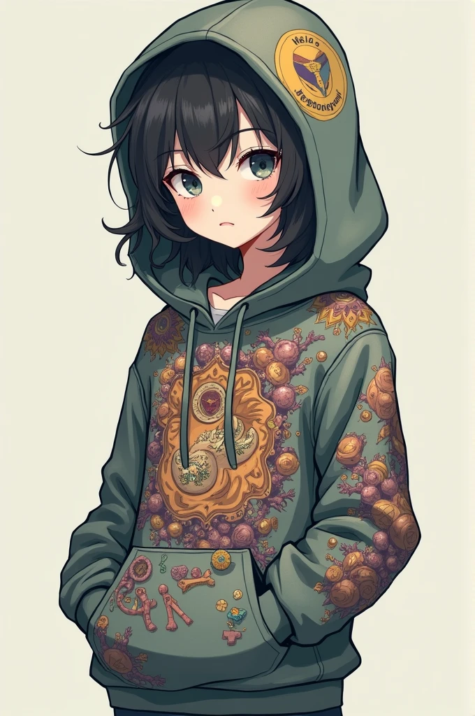 Draw a middle school student with androgynous features wearing a strange hoodie.