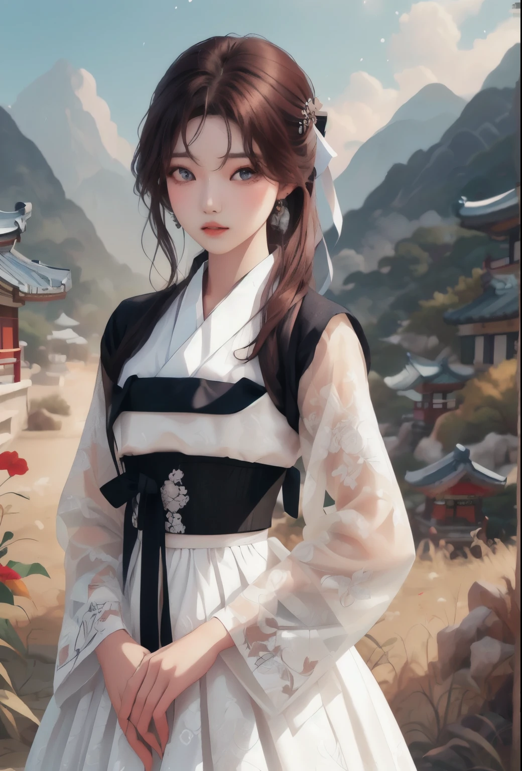 (finely detailed beautiful eyes and detailed face,masterpiece sidelighting,masterpiece,best quality,detailed,High-resolution illustration),, (1 woman,whole body,Bishōjo,shiny skin,looking down,looking at viewer),, (파스텔톤 파플색 Han bok, Brown hair,blue eyes,ribbon,Han bok, korean clothes), (Dressed up_Underbust:1.2),Under the chest,