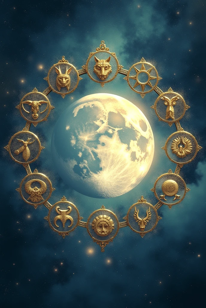 Generate an image with the Moon in the center and the symbols of the Zodiac signs clearly visible around it in a circular and central shape., the background of the image somewhat abstract, use colors like blue, gold and silver.