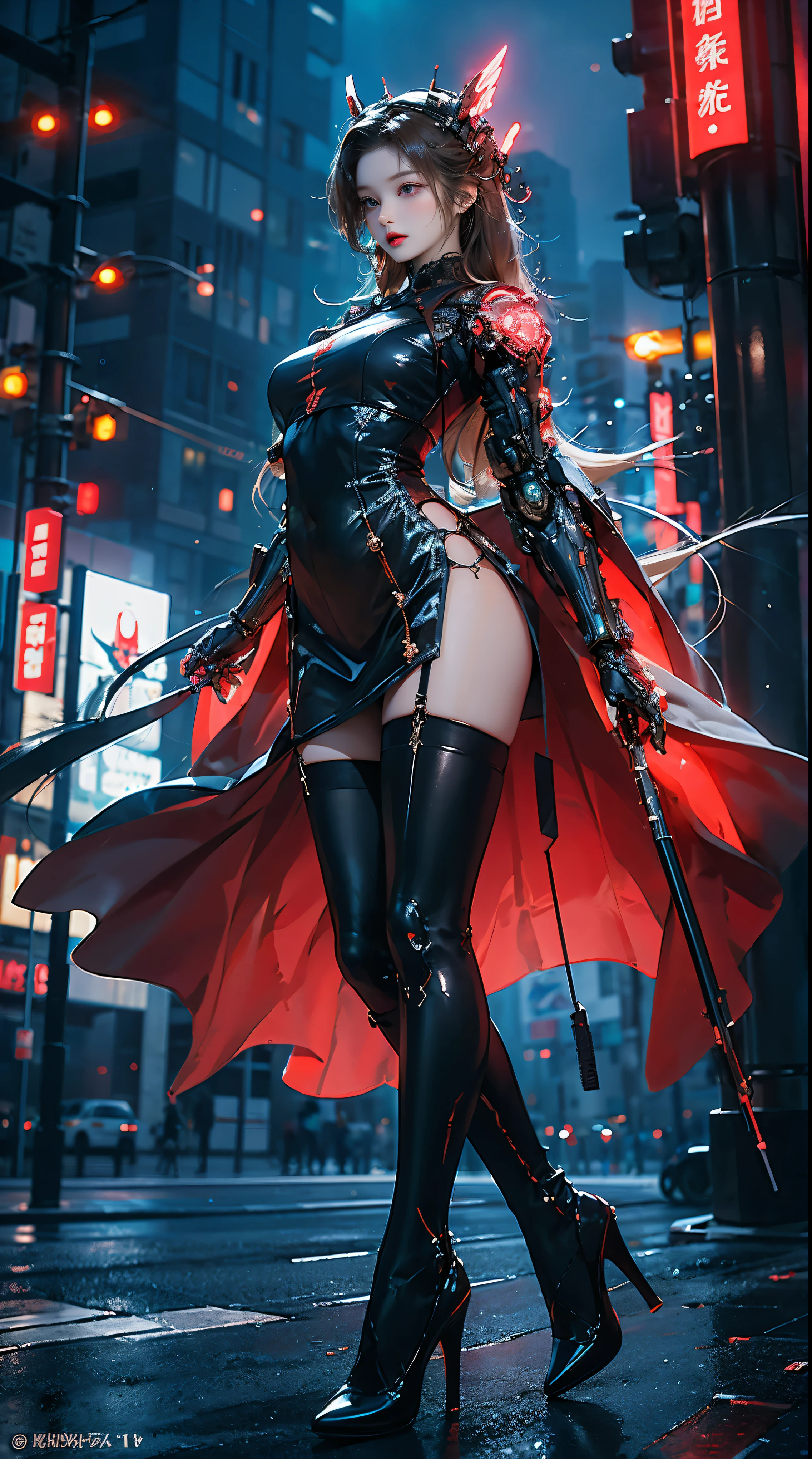 Masterpiece, best quality, high resolution, one woman, from below, very thin and straight legs, very long legs, straight legs, high heels, long legs, perfect body with perfect legs, front view showing long legs, perfect body, exterior, telegraph slang, dynamic pose, exquisite eyes, brown eyes, eye shadow, wearing makeup, long blonde hair, detailed face, detailed eyes, looking at viewer, blusher (wearing makeup), plump lips, red lips, long gray hair (1.3), mechanically static, summon mech, headdress (1.1), headgear, dressed like a student in , black lace stockings, stocking suspenders, city, luminous winding, with a gun in hand, weapon, completely mechanical and futuristic elements, technology, background is modern New York City streets with cars passing by, sky, slim (1.2), dramatic lighting, vivid details.