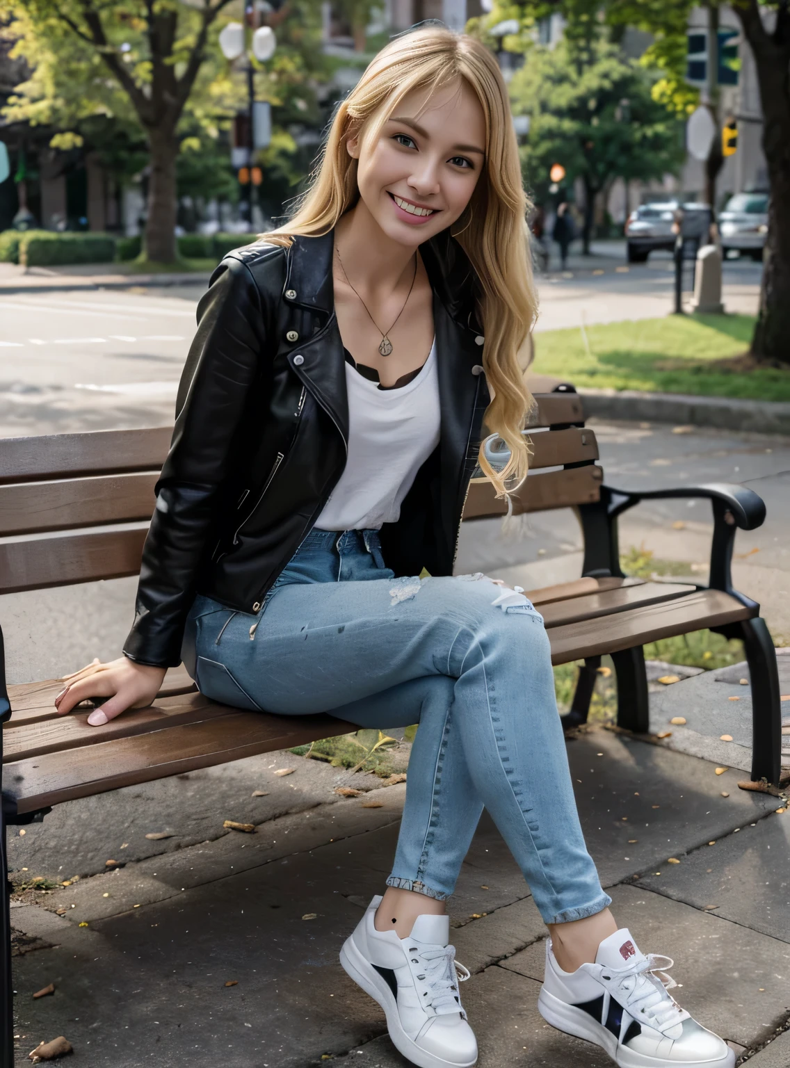 High resolution, 8k wallpaper, Beautiful Caucasian Woman、Full body photo、,Leather jacket、 sitting on a park bench、shirt、Skinny jeans、sneakers、、Necklace around the neck、 blonde 、ウェーブのかかった髪、ear piercing、smile、Beautiful teeth alignment、