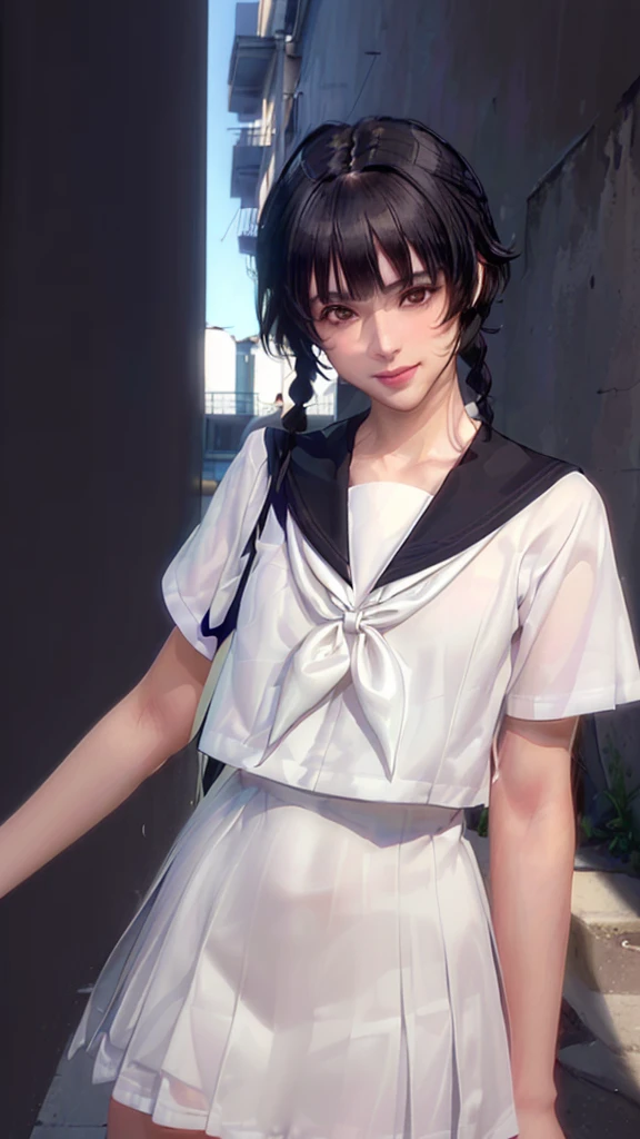 (（（Perfect body,White and tender skin,（（（JK_style，short-sleeved JK_shirt，short-sleeved JK_sailor，JK_suit，JK_tie ）））,（（（sui-feng, short hair, short hair with long locks，Black hair））），((masterpiece)),high resolution, ((Best quality at best)),masterpiece,quality,Best quality,（（（ Exquisite facial features,Looking at the audience,There is light in the eyes,Smile））），）））,（（（Light and shadow,Small chest，）））,（（（Looking at the camera,black background,)））),