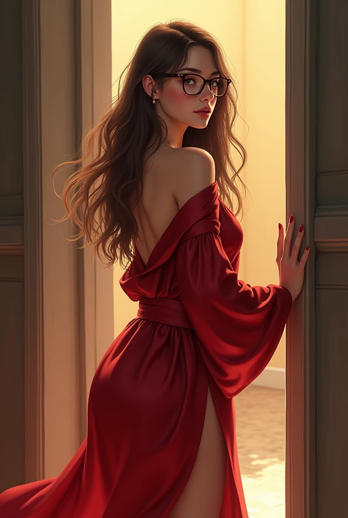 A 19 year old girl with small breasts and a big butt with a thin abdomen, with long brown hair, with freckles, rectangular lenses, chubby cheeks wearing a red silk robe as she opens a door 
