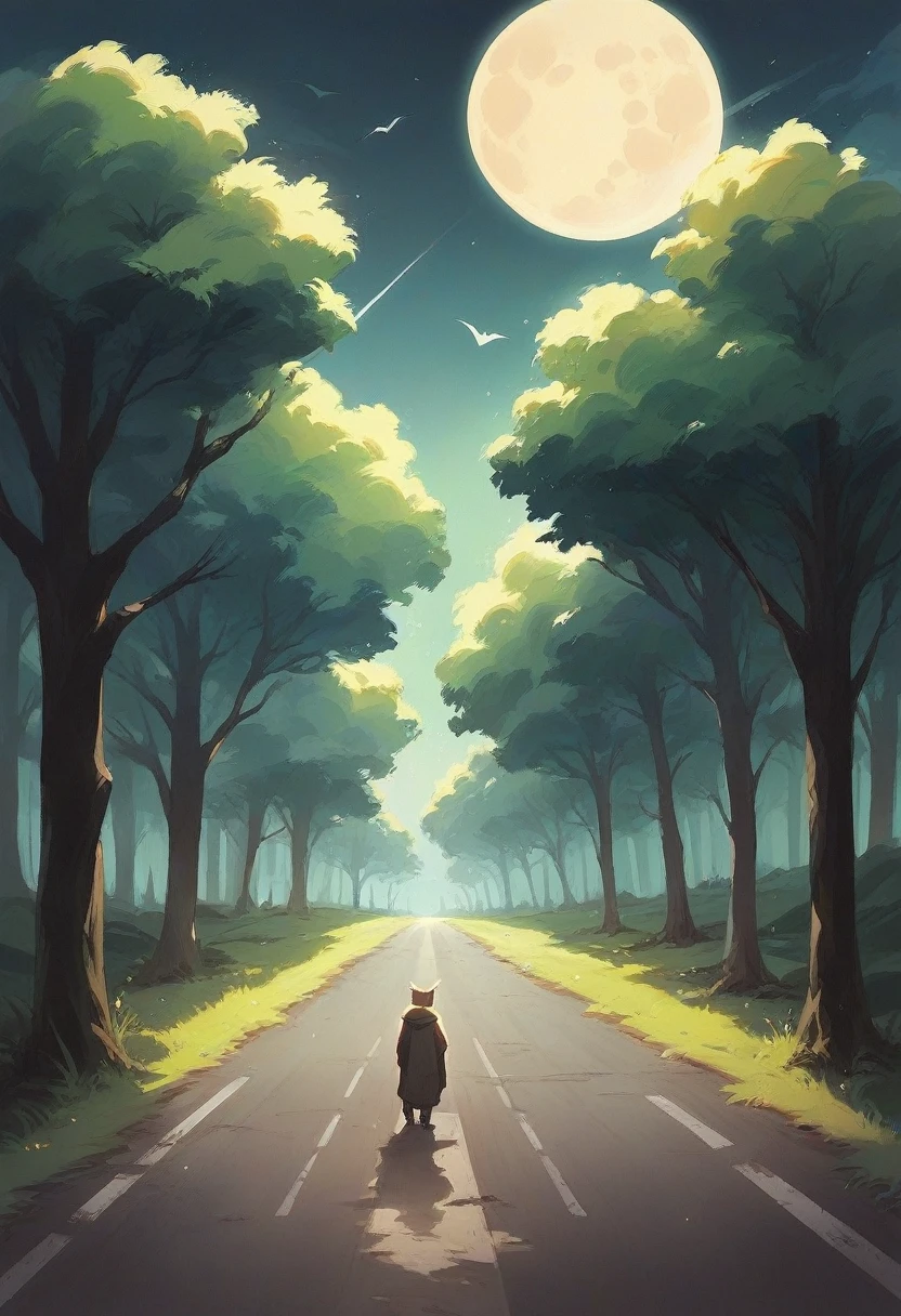 dark road,fullmoon,rays illuminating,Dry trees