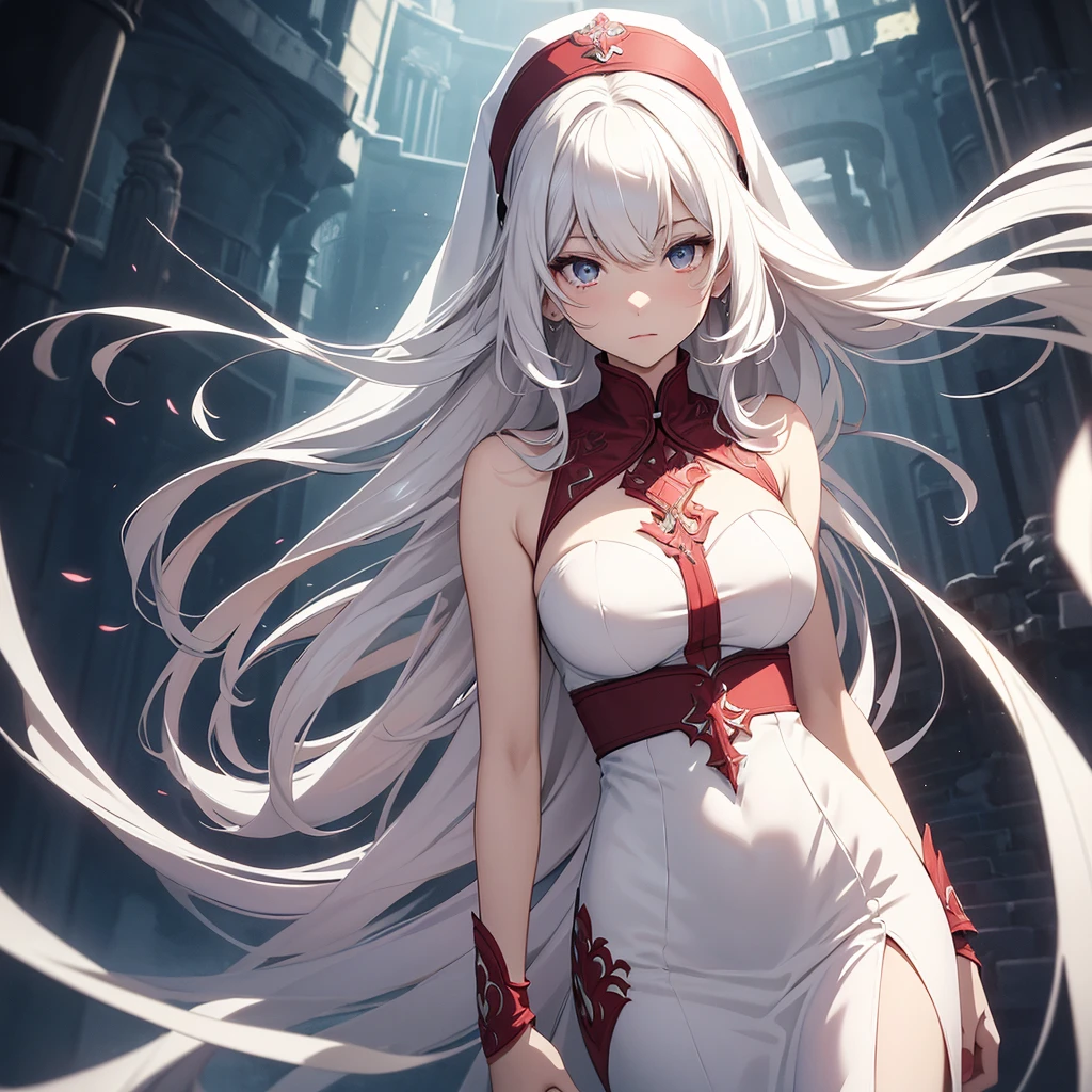 beautiful illustration, illustration style. Style ilustration anime. ((Alone, 1 girl)). excellent quality, fine details, delicate details, 1 woman, girl alone. Perfect hands, excellent anatomy. Body:1.3
beautiful girl, has a slim figure. Her skin is pale and without blemishes. Her hair is long, Wavy, platinum white that reaches to the hips. ((Eyes red color)). enigmatic aura. friendly expression. Medium to large breasts.
Nun's costume. Long dress, black dress.