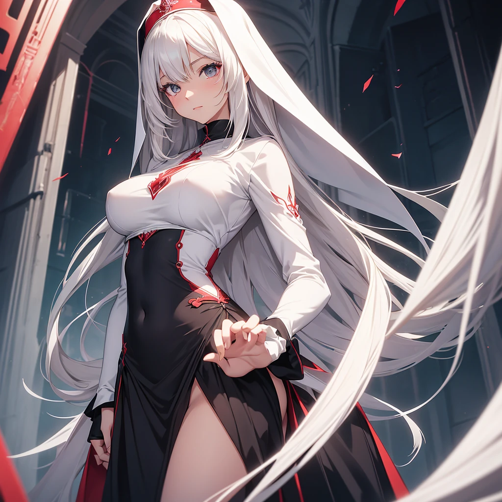 beautiful illustration, illustration style. Style ilustration anime. ((Alone, 1 girl)). excellent quality, fine details, delicate details, 1 woman, girl alone. Perfect hands, excellent anatomy. Body:1.3
beautiful girl, has a slim figure. Her skin is pale and without blemishes. Her hair is long, Wavy, platinum white that reaches to the hips. ((Eyes red color)). enigmatic aura. friendly expression. Medium to large breasts.
Nun's costume. Long dress, black dress.