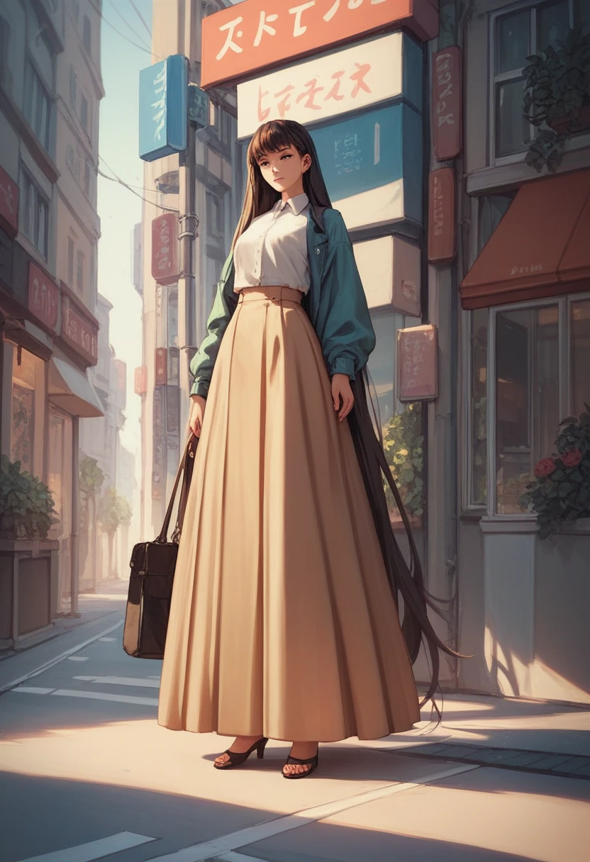 Girl, wearing  long skirt , skirt is very long ,very long dress ,street,standing ,anime,full body