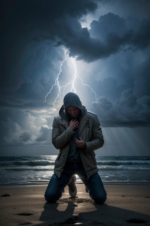 "A person kneeling in a storm, with a ray illuminating his face, expressing an unshakable faith."