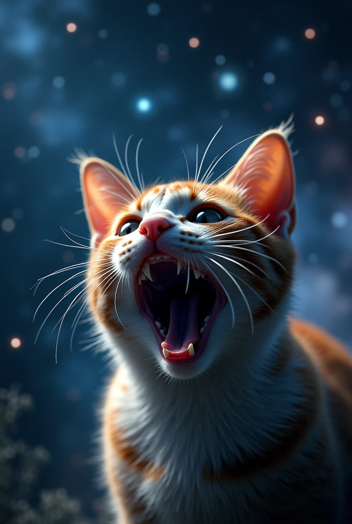 Close-up of a startled cat, outer space in the background (stars and galaxies shining beautifully), space cat,