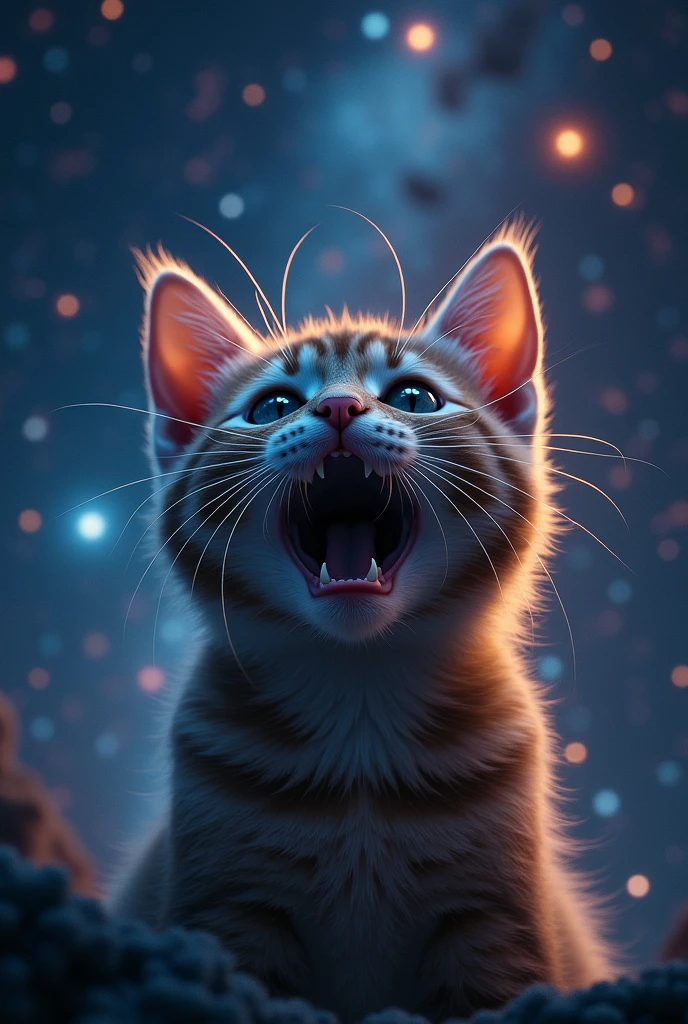 Close-up of a startled cat, outer space in the background (stars and galaxies shining beautifully), space cat,