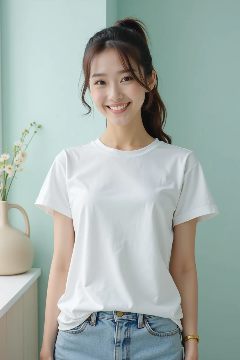 A beautiful and clear-skinned woman、ponytail、bright、Dress neat and clean、front、Big Breasts、T-Shirts、Japanese、The weather forecast is on TV
