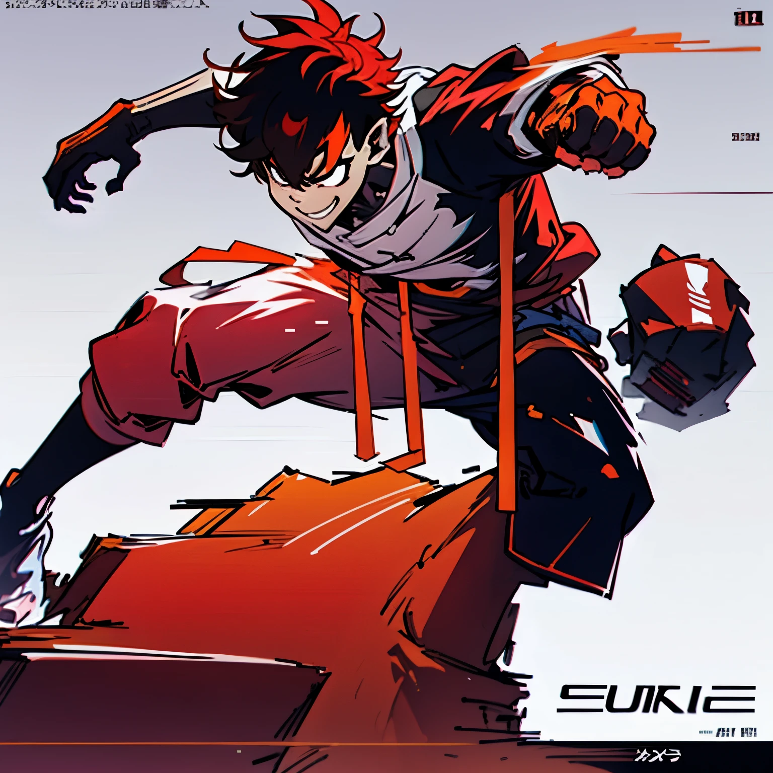 A red Goku-themed character, whole body, サイバーパンク, Wearing big sneakers, Combat Ready, Big machine hands, Simple Background, Magazine Cover, Jump up, Punching pose, male, boy, ショートカット, crazy eyes, tsurime, monkey ears, clenched teeth, grin, skin fang, raised fist, projected inset, UHD, best quality, highres, 8k
