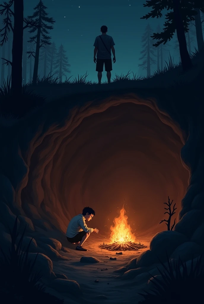 At night time,a boy inside a large hole and ther is a leader  without 5 steps for escape from that and  he made a campfire . for reducing cold and he is sitting near to that 