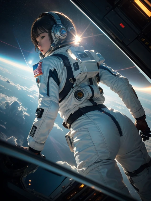 (8k, RAW photo, best quality, masterpiece), (photorealistic), outstanding details, ultra-high resolution, anatomically correct, textured skin, (Extremely precise and accurate anatomy),
Ultra Detailed Face, Detailed Eyes,
(Wide-angle lens effect:1.2),
(Spaceship pilot), (astronaut), (descending from outer space to earth), cockpit of modern spacecraft,
(Cute Japanese girl , 20-year-old), spacesuit, no helmet, (Descent maneuvering),
(backlighting),
(reflection light from below:1.4),
atmospheric perspective, depth of field,
(dramatic lighting), cinematic lighting,