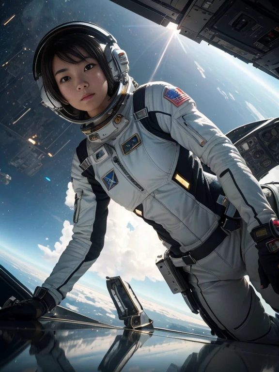 (8k, RAW photo, best quality, masterpiece), (photorealistic), outstanding details, ultra-high resolution, anatomically correct, textured skin, (Extremely precise and accurate anatomy),
Ultra Detailed Face, Detailed Eyes,
(Wide-angle lens effect:1.2),
(Spaceship pilot), (astronaut), (descending from outer space to earth), cockpit of modern spacecraft,
(Cute Japanese girl , 20-year-old), spacesuit, no helmet, (Descent maneuvering),
(backlighting),
(reflection light from below:1.4),
atmospheric perspective, depth of field,
(dramatic lighting), cinematic lighting,