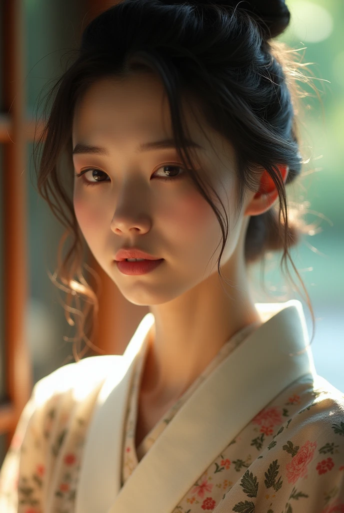 An elegantly dressed Japanese woman in natural light、A close-up of her chest and calm expression.、It shows her inner peace and outer charm.。