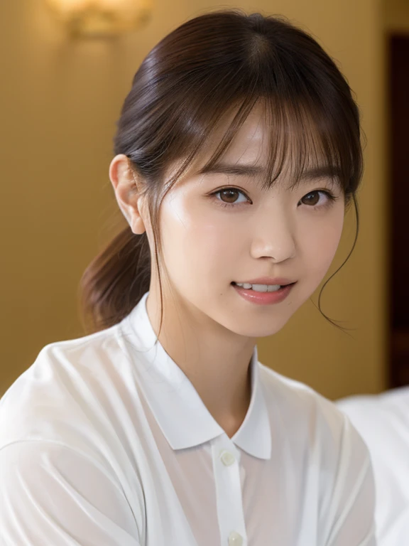 (Masterpiece, Best quality: 1.4), (Ultra realistic, Photo-realistic: 1.2), Full body, (kneeling: 1.3), Looking at viewer, Natural light, 25 years old registered nurse, Japanese women, (arms behind back: 1.2), Neat and clean, (White sexy tennis uniform, White short-sleeve polo shirt with collar:1.2), (unbutton:1.3), (Short ponytail: 1.2), Short wavy hair, Light brown hair color, (Beautiful Face), Oval face, clear, (Beautiful eyes, Kind eyes), (Clear skin), Small face, (Small mouth, Beautiful mouth), Natural makeup, Approachable, Luxury hotel Suite room, On bed, (nsfw:1.1), Seductive smile, Seductive pose, Beautiful thighs, Bedroom eyes,